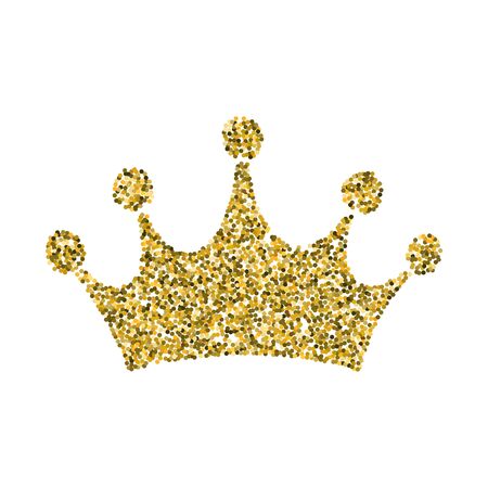 Gold glitter crown, royal sign on white background vector illustration. Symbol of vip, aristocracy and monarchy. Glamour isolated icon with sparkling textureのイラスト素材