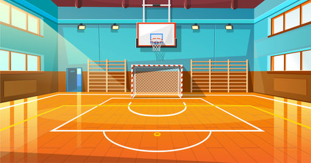 Shining basketball court with wooden floor vector illustration. Modern indoor stadium illuminated with spotlights cartoon design. Championship or tournament. Sport arena or hall for team games conceptのイラスト素材