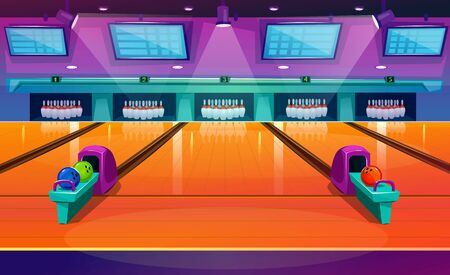 New modern bowling interior with pins and balls vector illustration. Empty club interior with skittles on lane flat style. Place for entertainment leisure and sport tournaments conceptのイラスト素材