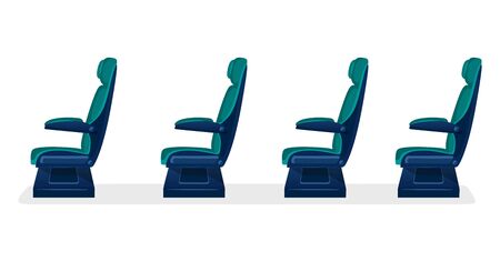 Row of empty passenger seats for public transport on white background. Aisle with business class, first class or economy seats concept for airplane, train or bus. blue color.のイラスト素材