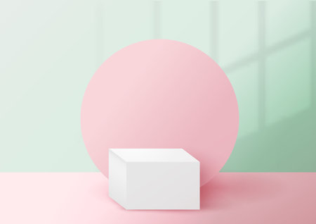 3d Abstract Summer or Spring background with shadows, white podium, pink surface and green background. Vector realistic illustration for fashion, cosmetics, sale, accessorizes ad. Trendy minimal style.のイラスト素材
