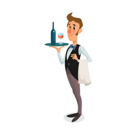 Flat style waiter character in a uniform vector illustration. Cartoon restaurant worker holding a tray. Flat style.のイラスト素材