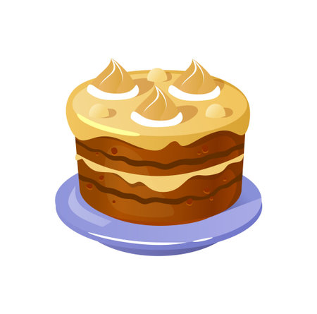 Cake icon with colorful decor isolated on white background. Cartoon sweet cake with cream, chocolate...