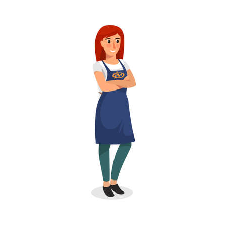 Cute woman worker wearing an apron uniform vector illustration. Cartoon woman character. Flat style employee of the supermarket, bakery, flower shop etc.のイラスト素材