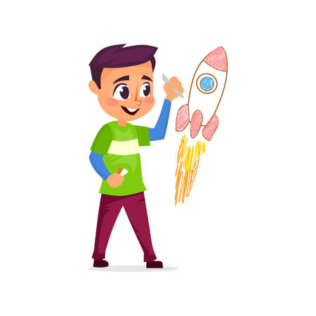 Cute little boy drawing a rocket or a spaceship on a wall. A child is drawing with colorful crayons or markers with joy. Vector illustration isolated on white background.のイラスト素材