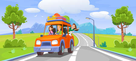 A family goes on a trip in a car. summer holidays. Father, mother, daughter and dog on a holiday trip. Car ride on a highway with luggage on a roof. scenic mountain view. cartoon vector illustration.のイラスト素材