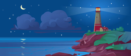 Lighthouse on a sea shore at night in summer. Landscape view of an ocean beacon on a hill with glowing light in a bay with moon and stars in the sky. cartoon style vector illustration.のイラスト素材