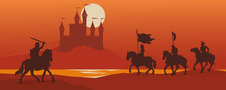 Black knights silhouettes, fantasy warriors going to fight on a castle background. Landscape view of medieval soldiers on horses in helmets with flags, spears, swords and shields. vector illustration.のイラスト素材