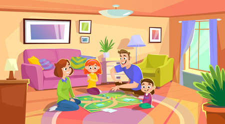 Happy young family with kids playing a board game at home sitting on the floor. Mother, father, son and daughter playing card games on the carpet in a living room. cartoon style vector illustration.のイラスト素材