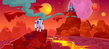 Cosmic game background. Outer space planet with lava in a surface crack, an alien character and a colony on a mountain. Astronaut on a Mars futuristic scene. Cartoon style vector i
