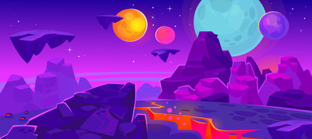 A neon blue planet in deep space with different moons in orbit. Rocky mountains and a lava crack on the surface. Background for a deep space game. Cartoon style vector with landscape view.のイラスト素材