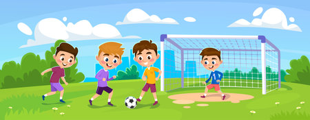Cute young boys play soccer or football in a park outside of a city. Group of kid characters having fun outdoors. Children train with a ball on a grass field. cartoon style vector illustration.のイラスト素材