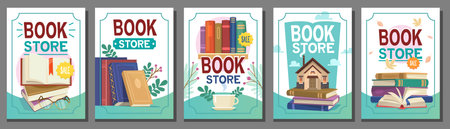 bookstore poster set. Design of advertisement for a bookshop. vector template. Banners with a bookshelf, pages, and books for a library. Illustration for a reading ad.のイラスト素材