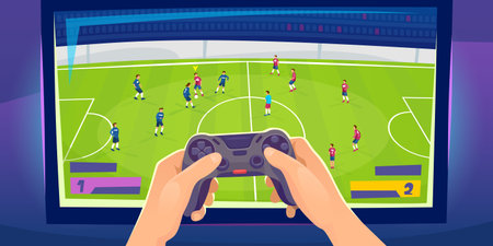 Gamer hands with a console controller and a pc monitor in the background. Playing multiplayer games on a big tv screen with neon led lighting. Online gaming setup. cartoon style vector illustration.のイラスト素材