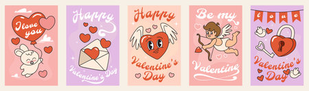 Cute Valentine's card set in groovy style. Vintage poster or banner with a bunny on a balloon, a cupid, a lock and a key, a heart with wings, and a letter. Vector collection for couples in love.のイラスト素材