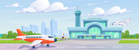 Landscape view of an airport building with a flight tower and a city in the background. An airplane taking off a runway, landing, and parking on an airfield. cartoon style vector illustration.のイラスト素材