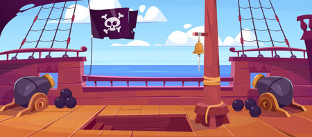 Side view of a wooden ship deck with a skull on a black flag, canons, ropes, sails and a mast. On an old battleship in the sea or ocean. pirate game background. cartoon style vector illustration.のイラスト素材
