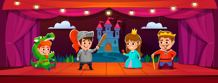 Cute kids in costumes of a king, knight, dragon, and princess on a stage of a theater. Children's show on a scene with a castle background. school play. cartoon style vector illustration.のイラスト素材