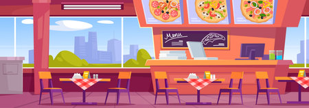 Vector illustration of a modern pizzeria interior design. Cartoon style restaurant or fast food kitchen background with a counter, oven, furniture, empty tables and Italian pizza on the menu.のイラスト素材