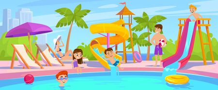 Cartoon style vector illustration of an aqua park with an outdoor swimming pool, water slides and happy children. Cute boys and girls enjoying a fun summer vacation with family in a waterpark.のイラスト素材
