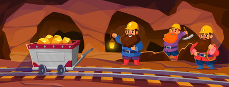 Dwarfs mining gold ore in a cave. Fantasy game vector background. Miners characters with a pick ax and lantern in an underground tunnel put gemstones on a railway wagon. cartoon style illustration.のイラスト素材