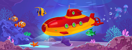 A red and yellow submarine at the bottom of the sea. Underwater exploration with the bathyscaphe. Beautiful landscape view of the ocean floor, corals and marine life. cartoon style vector illustrationのイラスト素材
