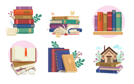 Book icon set. An open book with a bookmark and glasses, a pile of textbooks on a table with a cup of coffee, a bookshop shelf. bookstore advertisement. vector illustration collectionのイラスト素材