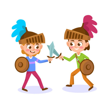 Children in knight costumes playing together isolated on white background. Little boys dressed in prince characters fighting with toy swords, wearing helmets and shields. cartoon vector illustrationのイラスト素材