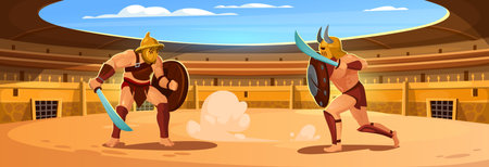 Gladiators fighting in a coliseum arena. Battle in an ancient Roman amphitheater. Warrior characters in armor with shields and swords in a stadium for game design. cartoon vector illustration.のイラスト素材