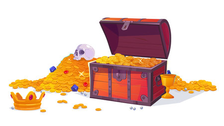 Treasure chest with a pile of gold coins, jewelry, gems, goblet, skull and crown isolated on white background. Medieval treasury cut out for a fairy tale game design. cartoon vector illustration.のイラスト素材