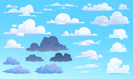 Clouds set for different weather in cartoon style isolated on blue. Fluffy white cotton clouds and dark storm cumulus with lightning in the sky. Vector icon collection for game design and app UI.のイラスト素材