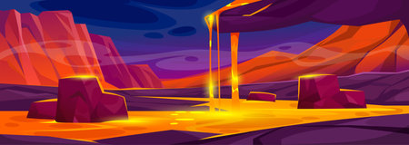 Landscape view of a lava flow with cracked ground. Background of a volcano eruption for a game-level design. A cave with magma flowing over a cliff, rocks, and stones. cartoon vector illustration.のイラスト素材