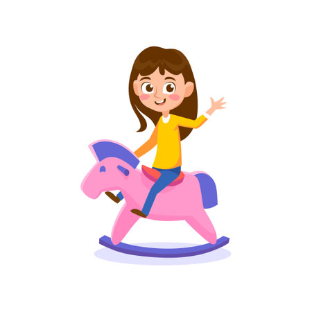 A cute little girl is riding a rocking horse isolated on a white background. A happy child is sitting on an old wooden toy. cartoon vector illustration.のイラスト素材