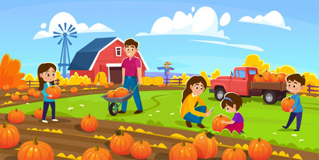Poster of a family with children harvesting pumpkins on a pumpkin patch farm, happy boys and girls helping mom and dad pick them up from the field before the holidays. cartoon vector illustrationのイラスト素材