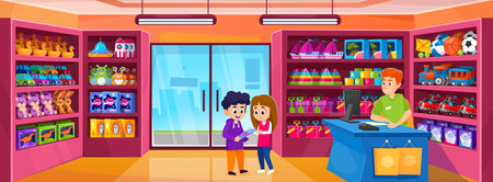 Cute little kids in a toy store want a new doll. Interior of a toyshop with a cashier behind the counter and a collection of toys: car, teddy bear, kite, rocket, train. cartoon vector illustration.のイラスト素材