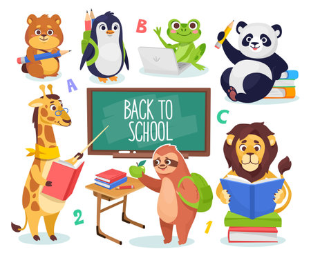 Set of cute animal schoolchildren icons isolated on white background. Characters of a Lion, panda, sloth, frog, hamster, laptop and penguin go back to school. cartoon vector illustration.のイラスト素材