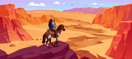 Landscape view of a wild west cowboy on a horse standing on the edge of a mountain in the Grand Canyon with a gun in hand. Background for a Western game with the sheriff. cartoon vector illustration.のイラスト素材