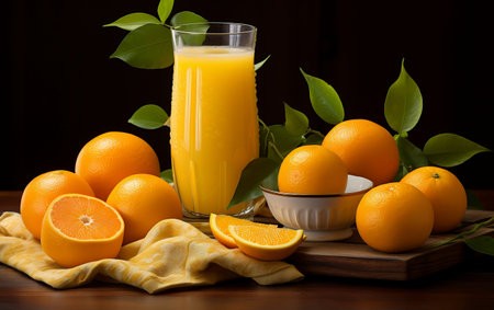 Orange Juice Glass and Sliced Oranges on Tableの写真素材