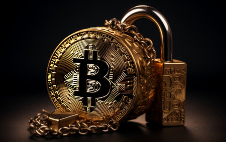Golden Bitcoin and Padlockの写真素材