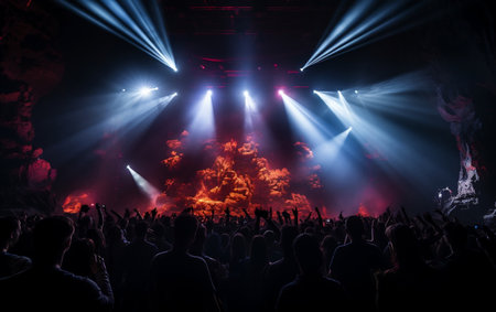 Radiant Stage Light Illuminates Ecstatic Rock Fansの写真素材