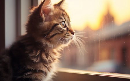 Adorable House Cat Sitting by Window, Gazing Outsideの写真素材