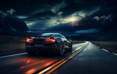 Nighttime Drive of Sports Car on Asphalt Roadの素材