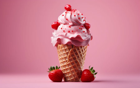 Delicious Ice Cream Cone with Strawberryの写真素材