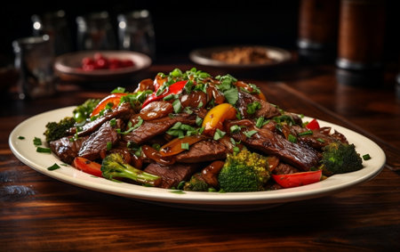 Beef and Vegetable Stir-Fry on a White Plateの写真素材
