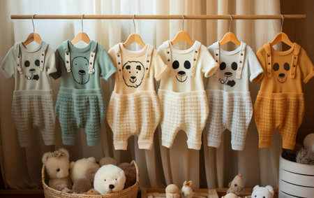 Boys' Baby Clothes on Wooden Backgroundの写真素材