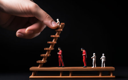 Businessman Placing Red Wooden Man Doll by Handの素材