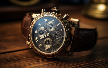 "Wristwatch Resting on Wooden Table"の写真素材