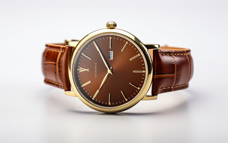 "Isolated Brown and Gold Wrist Watch on White Background"の写真素材