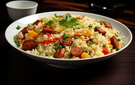 "Fried Rice with Sausage on a White Background in a Photo"の写真素材