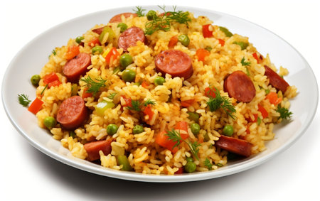 "Fried Rice with Sausage on a White Background in a Photo"の写真素材